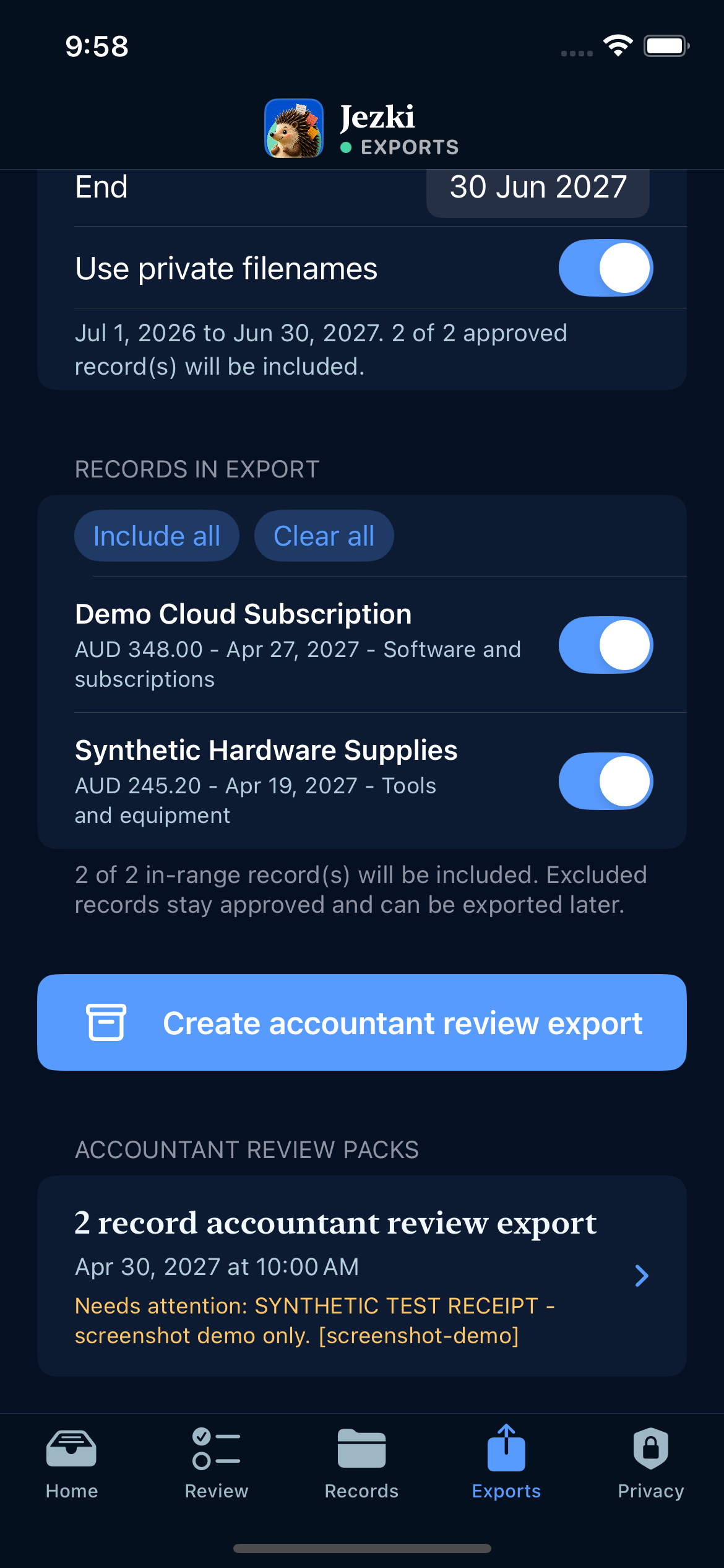Jezki export screen preparing reviewed records for an accountant