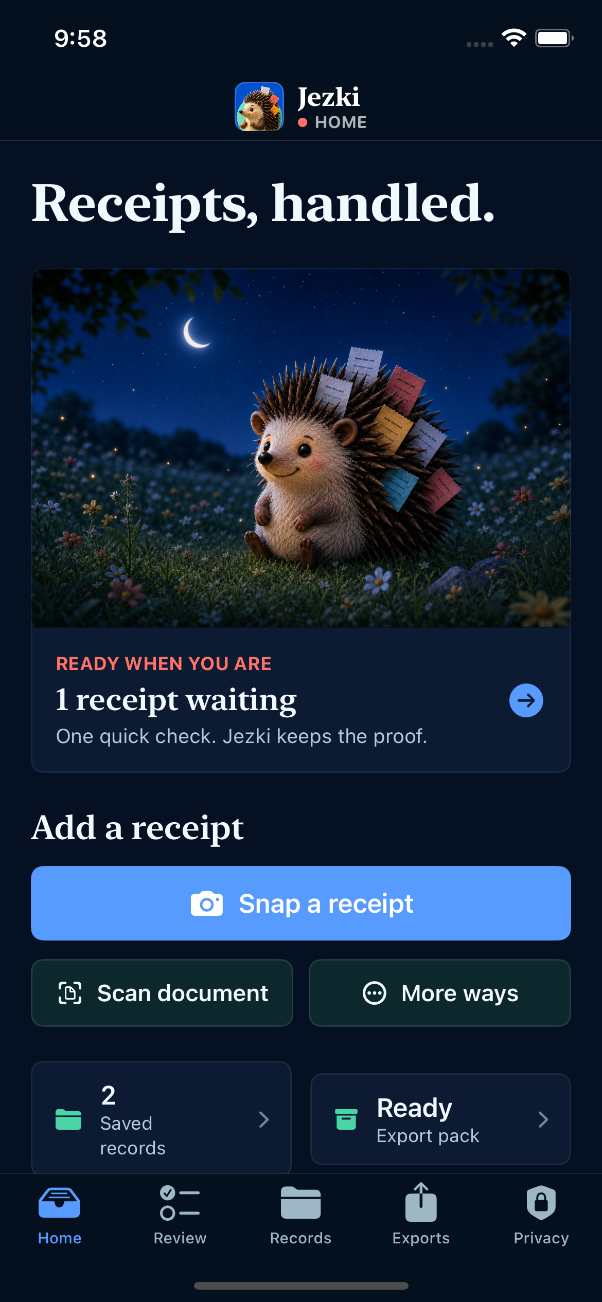 Jezki home screen with one calm review queue and clear receipt actions