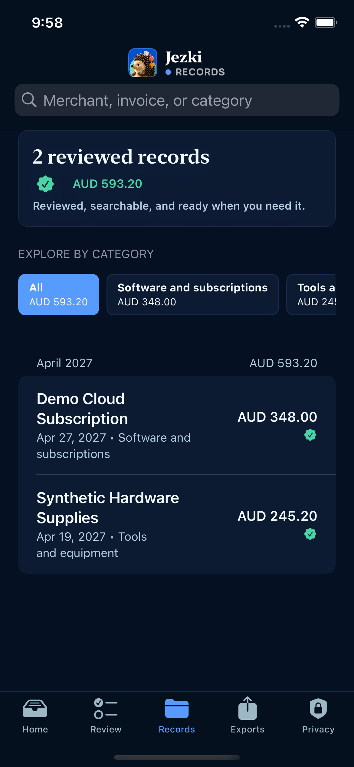 Jezki records screen with search, category filters, and reviewed totals