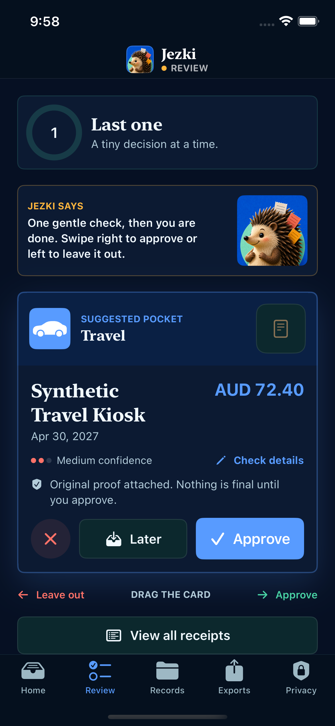 Jezki review screen showing a colourful category-aware receipt card ready to swipe