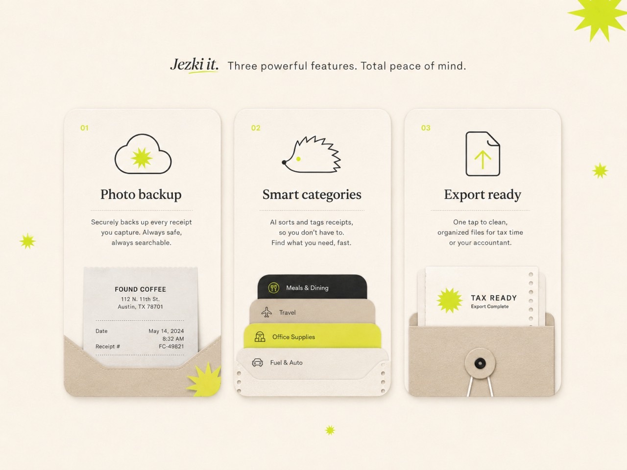 Three Jezki feature cards: Photo backup, Smart categories, and Export ready.