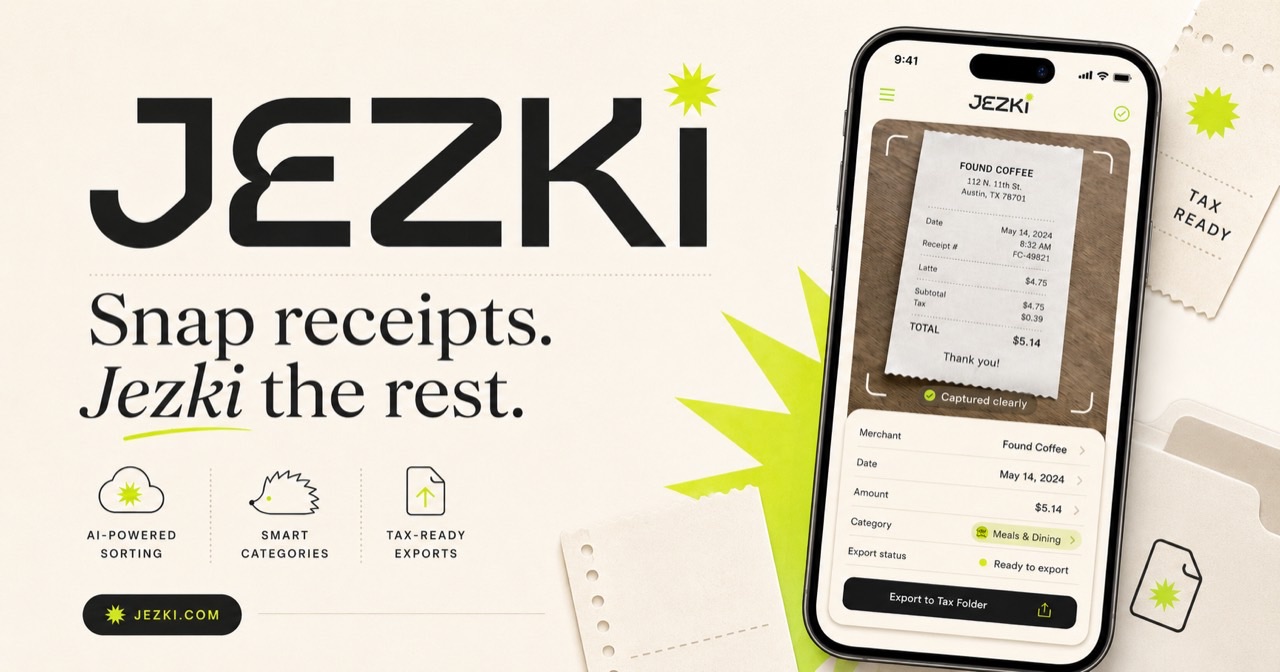 Jezki product campaign artwork with receipt capture, tax-ready export details, and the line Snap receipts. Jezki the rest.