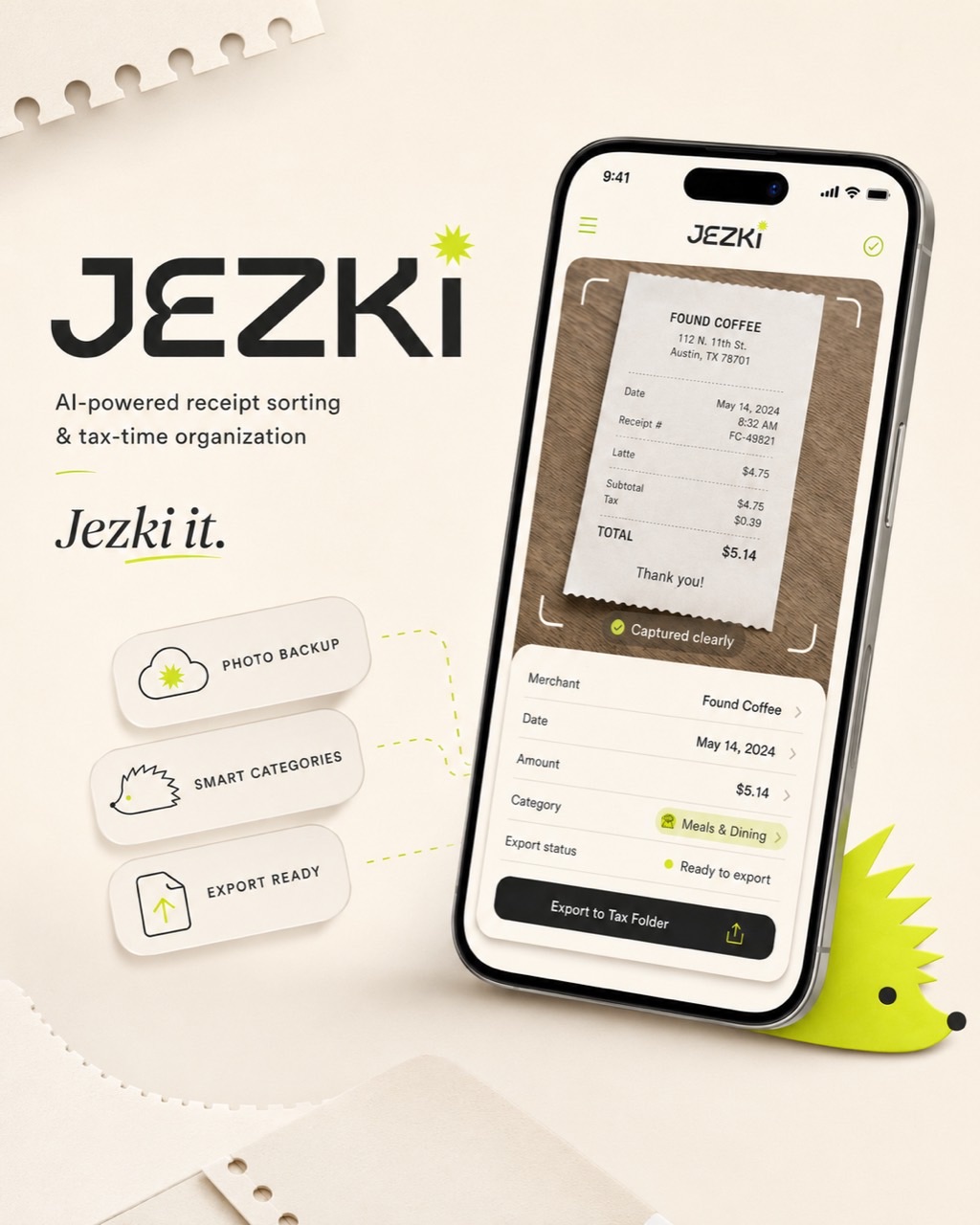 Jezki phone promo showing receipt capture, category suggestions, and export status.